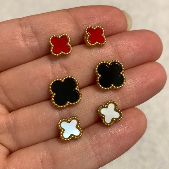 3 Gold Clover Earring Set (Red, Black, and Opal) - Picture 5 of 17